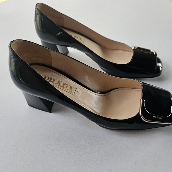 PRADA Black Patent Leather Block Heel Buckle Square Toe Pumps | SZ 6.5 - Picture 12 of 12